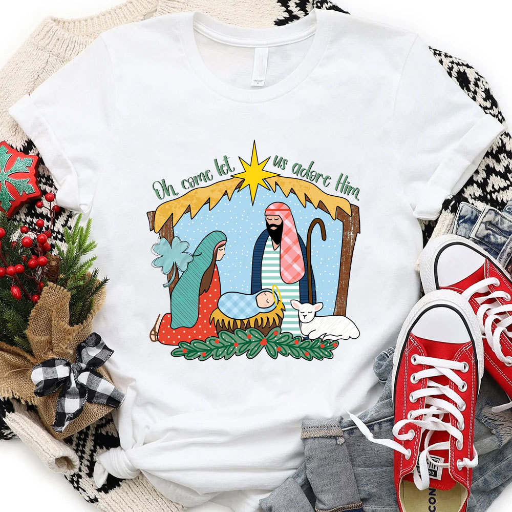 Oh Come Let Us Adore Him Christmas Christian Tee