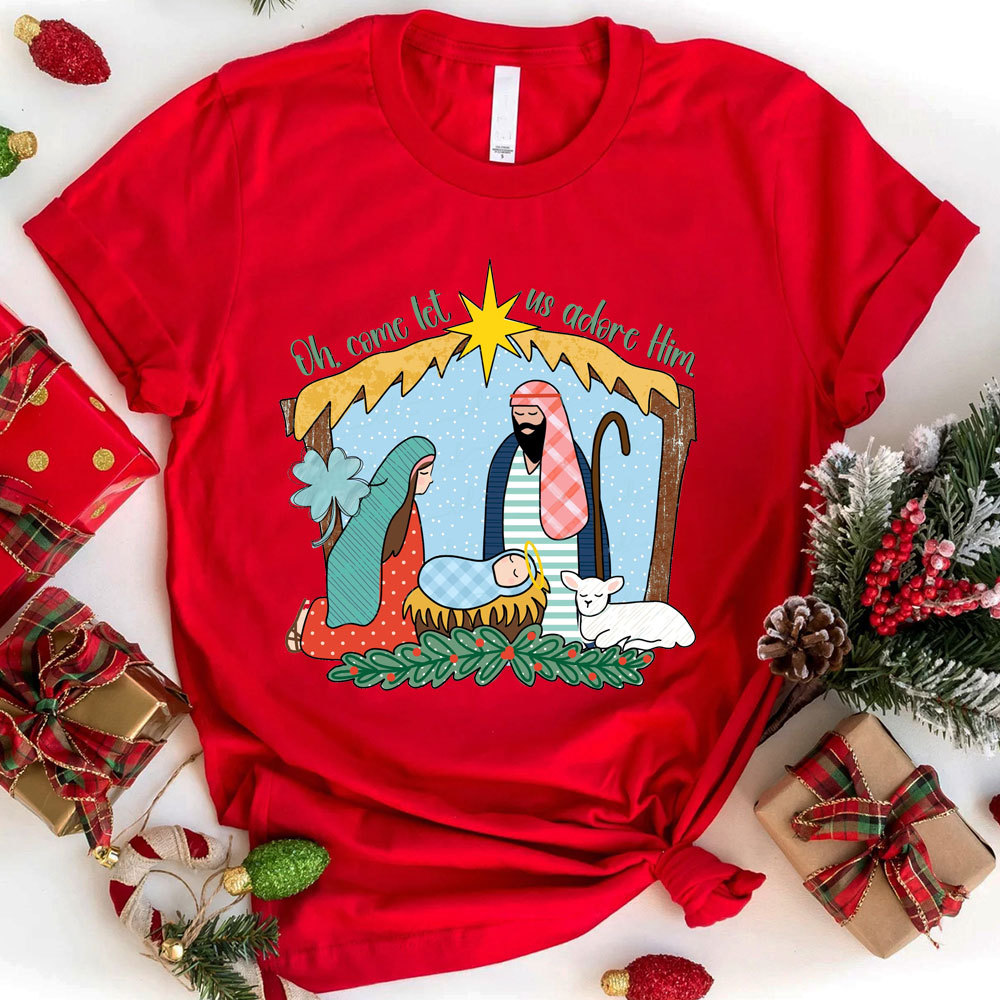 Oh Come Let Us Adore Him Christmas Christian Tee