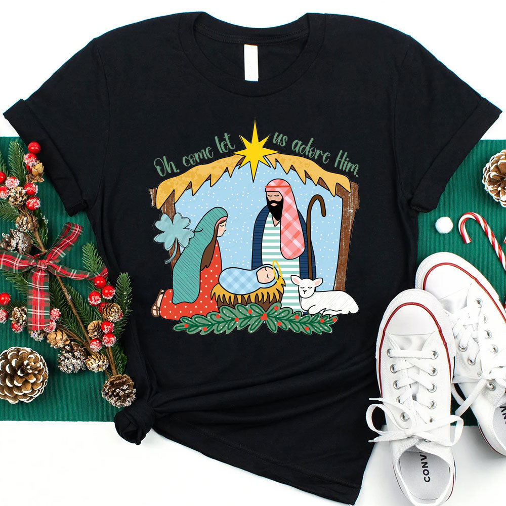 Oh Come Let Us Adore Him Christmas Christian Tee