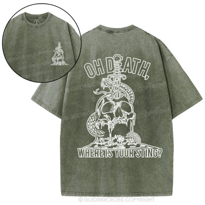Oh Death Where Your Sting Christian Washed T-Shirt