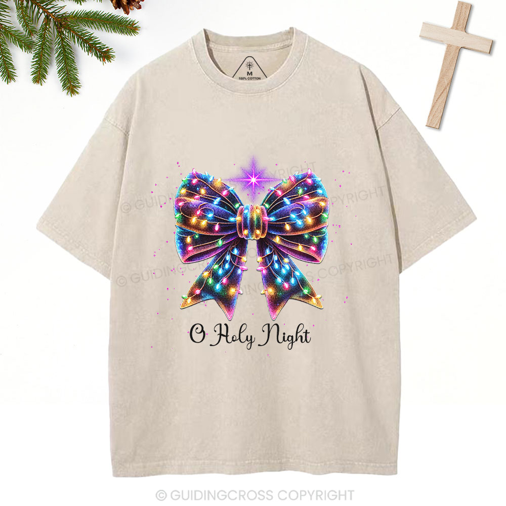 Oh Holy Night Bow Christmas Christian Washed T-Shirt