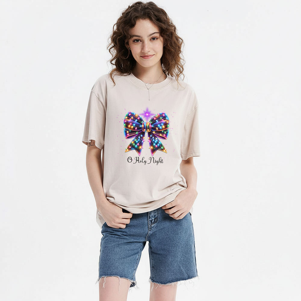 Oh Holy Night Bow Christmas Christian Washed T-Shirt