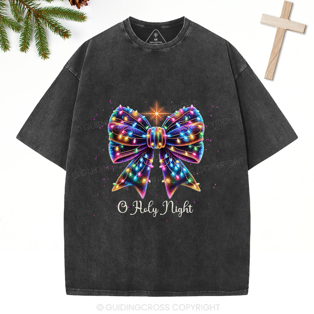 Oh Holy Night Bow Christmas Christian Washed T-Shirt