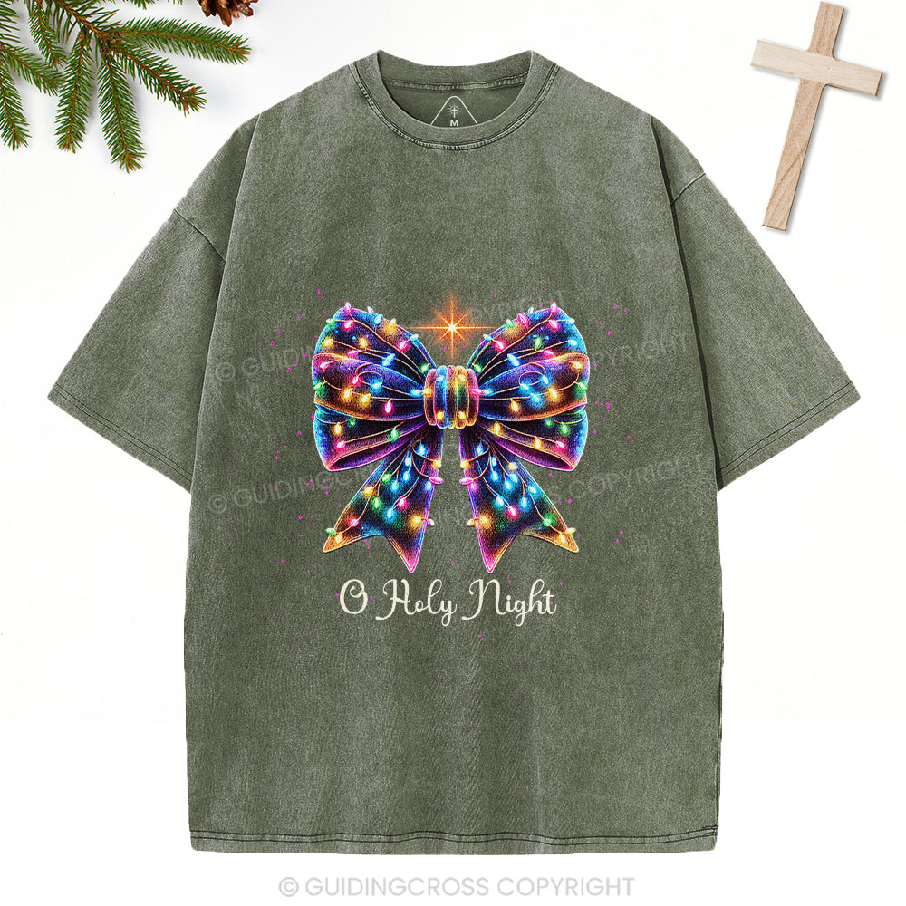 Oh Holy Night Bow Christmas Christian Washed T-Shirt