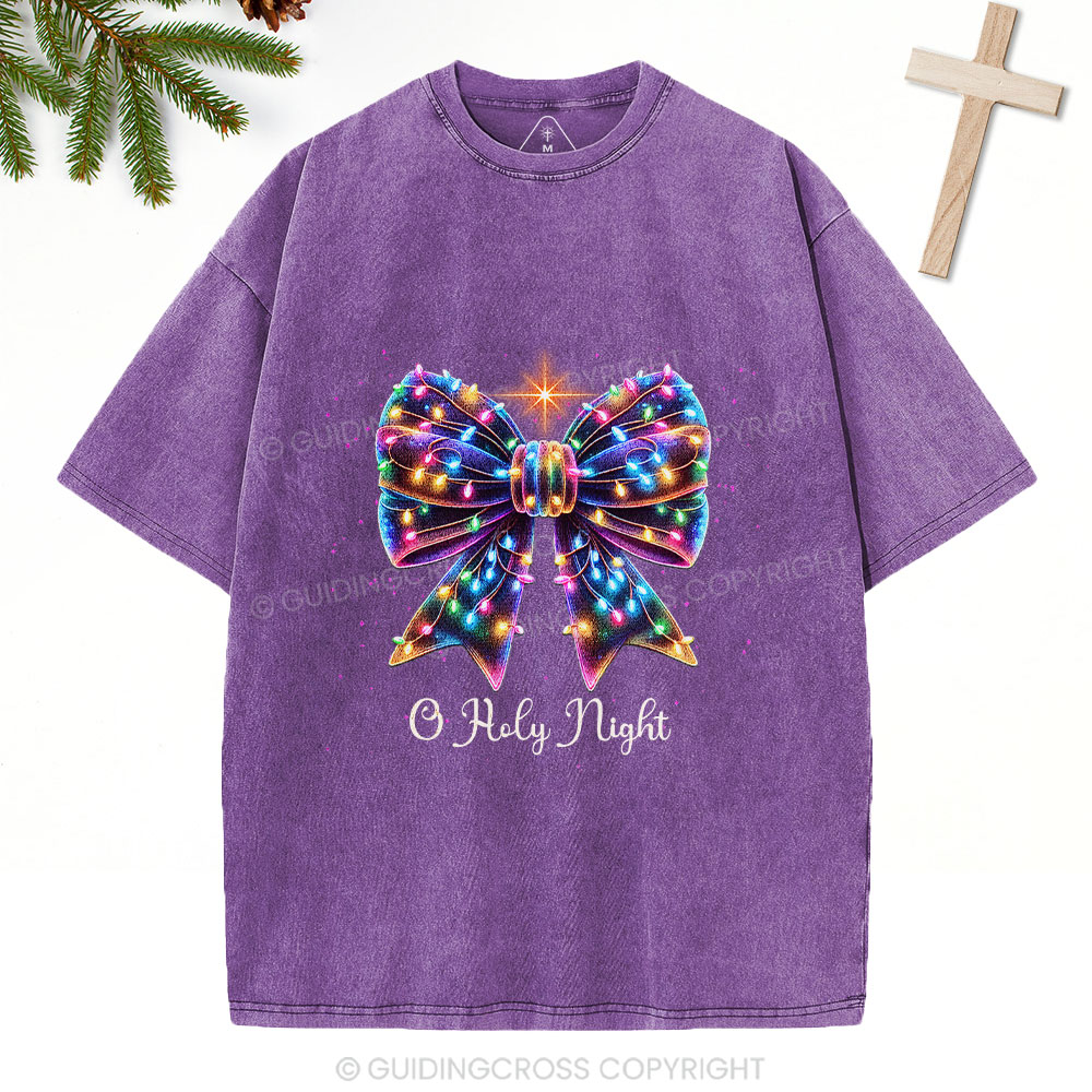 Oh Holy Night Bow Christmas Christian Washed T-Shirt