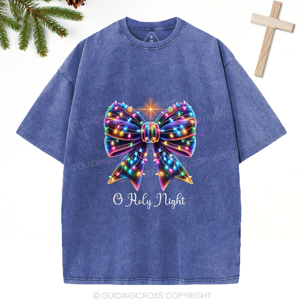 Oh Holy Night Bow Christmas Christian Washed T-Shirt