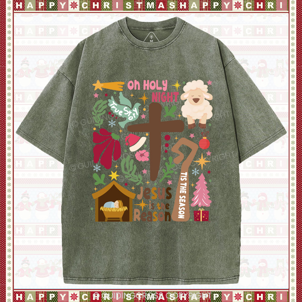 Oh Holy Night Christian Christmas Washed T-Shirt