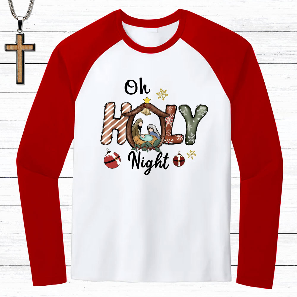 Oh Holy Night Christmas Christian Raglan Long Sleeve T-Shirt