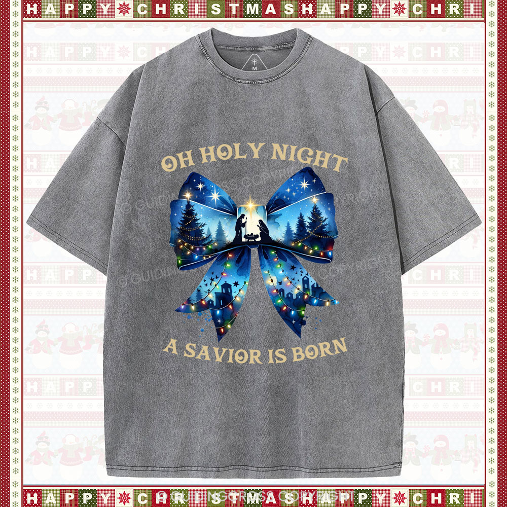 Oh Holy Night Nativity Coquette Christian Christmas Washed T-Shirt