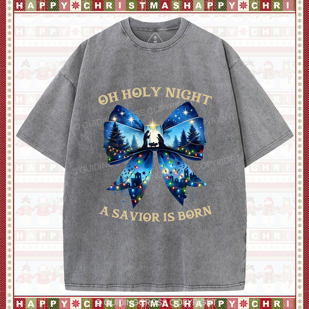 Oh Holy Night Nativity Coquette Christian Christmas Washed T-Shirt
