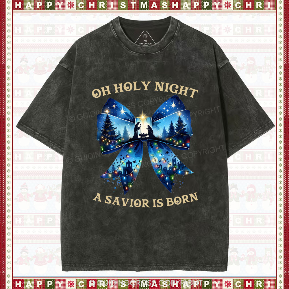 Oh Holy Night Nativity Coquette Christian Christmas Washed T-Shirt