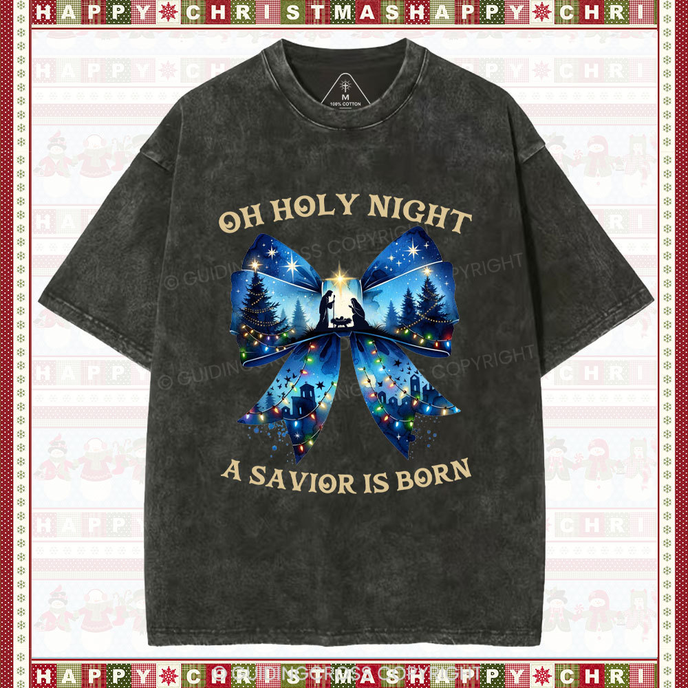 Oh Holy Night Nativity Coquette Christian Christmas Washed T-Shirt