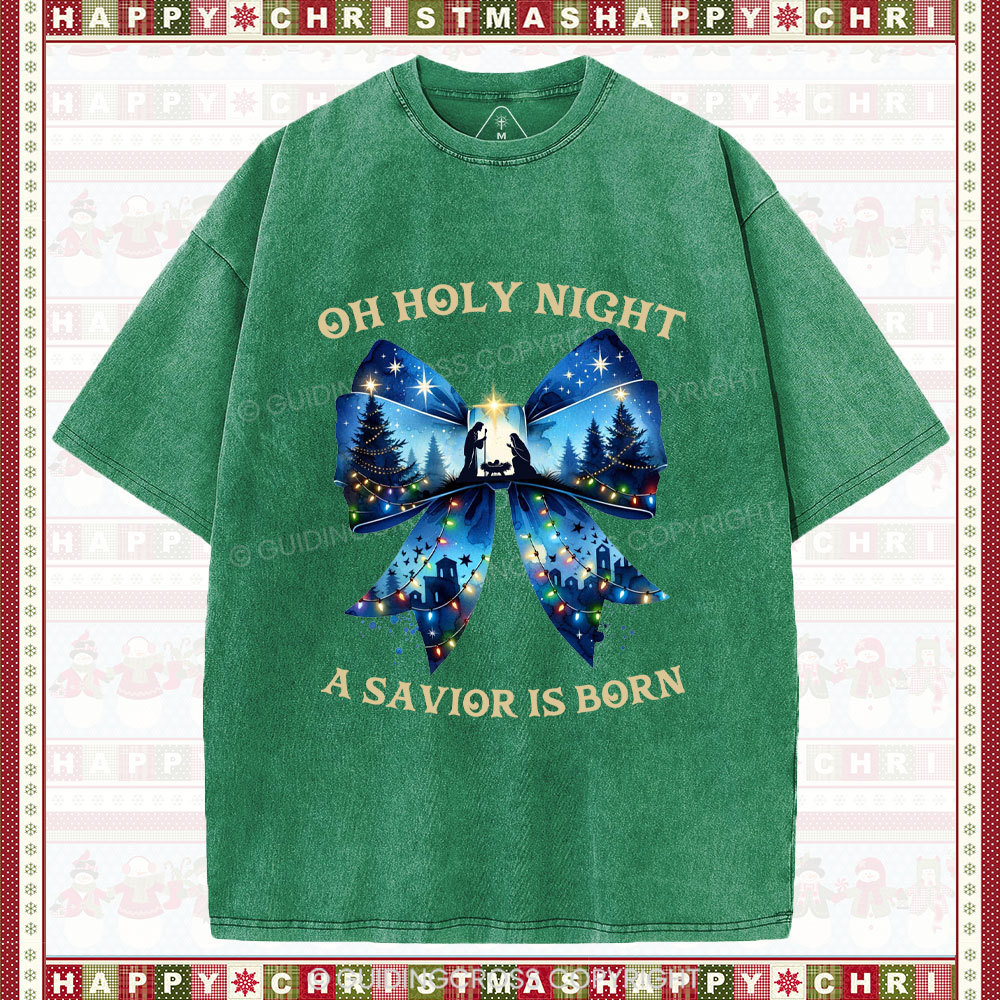 Oh Holy Night Nativity Coquette Christian Christmas Washed T-Shirt