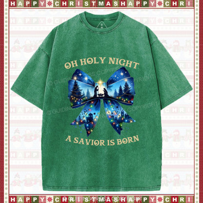 Oh Holy Night Nativity Coquette Christian Christmas Washed T-Shirt