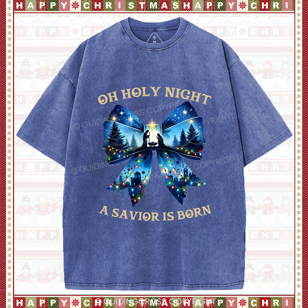 Oh Holy Night Nativity Coquette Christian Christmas Washed T-Shirt