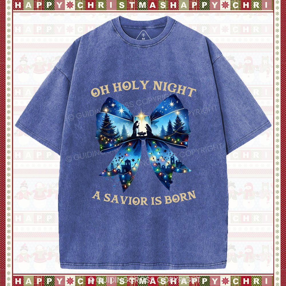 Oh Holy Night Nativity Coquette Christian Christmas Washed T-Shirt