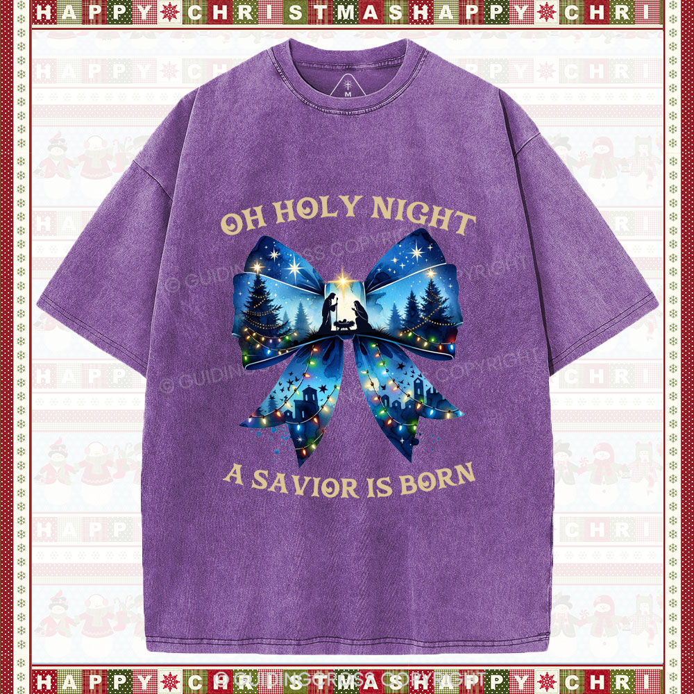 Oh Holy Night Nativity Coquette Christian Christmas Washed T-Shirt