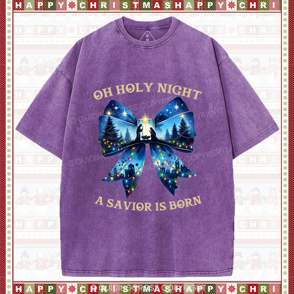Oh Holy Night Nativity Coquette Christian Christmas Washed T-Shirt