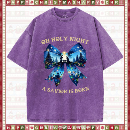 Oh Holy Night Nativity Coquette Christian Christmas Washed T-Shirt