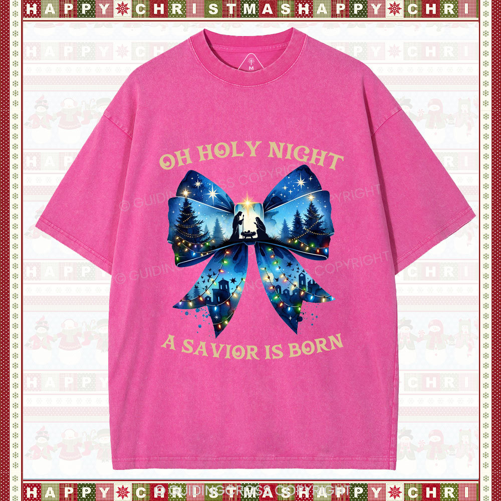 Oh Holy Night Nativity Coquette Christian Christmas Washed T-Shirt