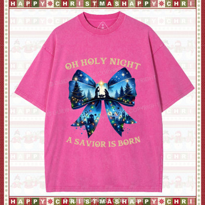 Oh Holy Night Nativity Coquette Christian Christmas Washed T-Shirt