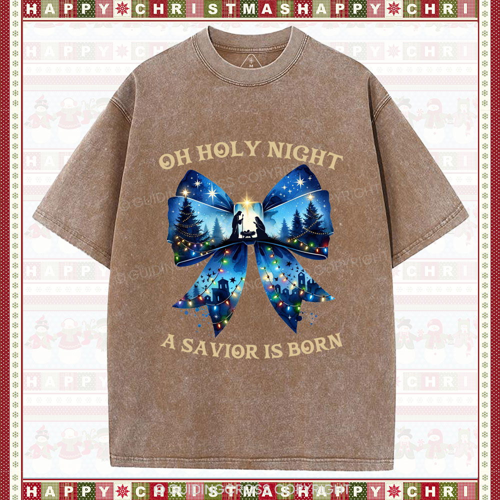 Oh Holy Night Nativity Coquette Christian Christmas Washed T-Shirt