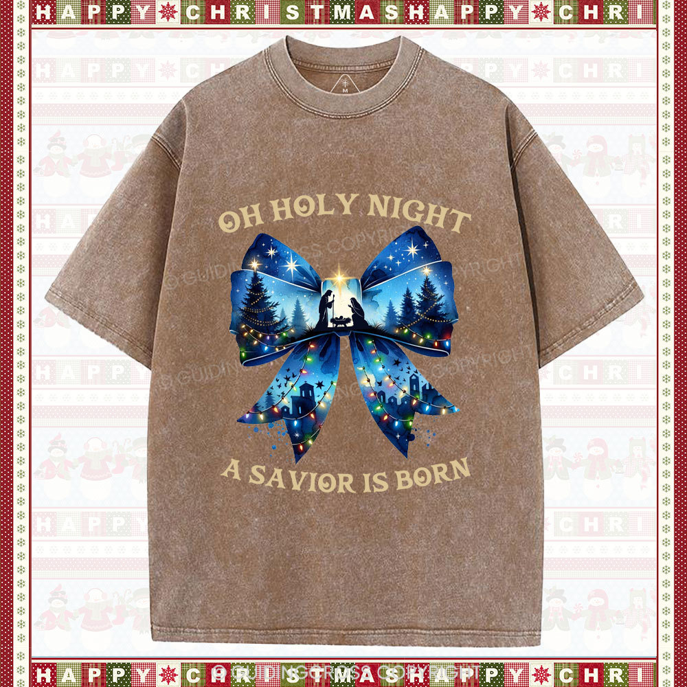 Oh Holy Night Nativity Coquette Christian Christmas Washed T-Shirt