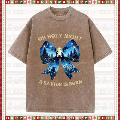 Oh Holy Night Nativity Coquette Christian Christmas Washed T-Shirt