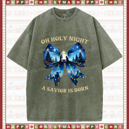 Oh Holy Night Nativity Coquette Christian Christmas Washed T-Shirt