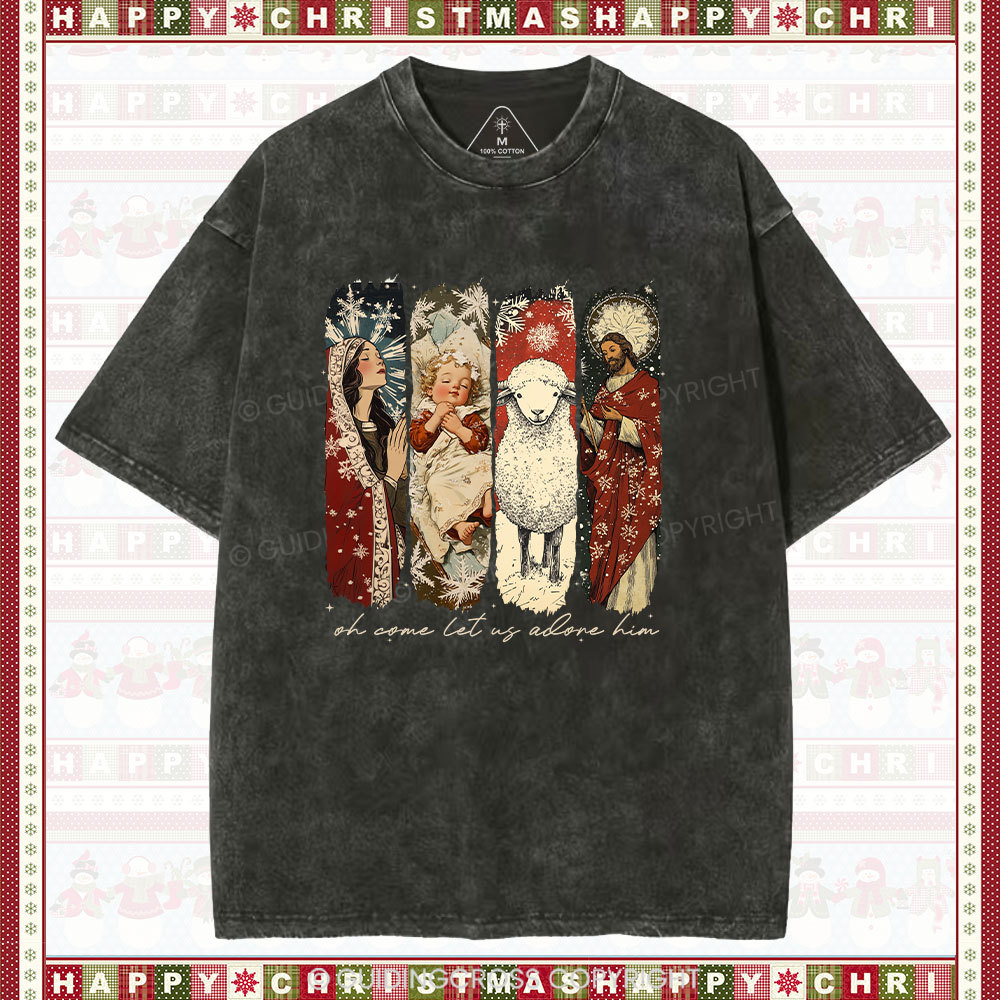 Oh Let Us Adore Him Christian Christmas Washed T-Shirt