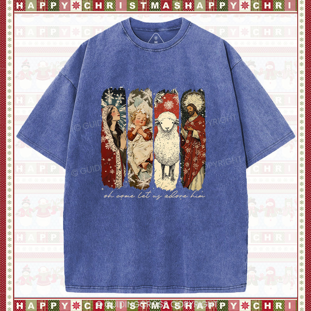Oh Let Us Adore Him Christian Christmas Washed T-Shirt