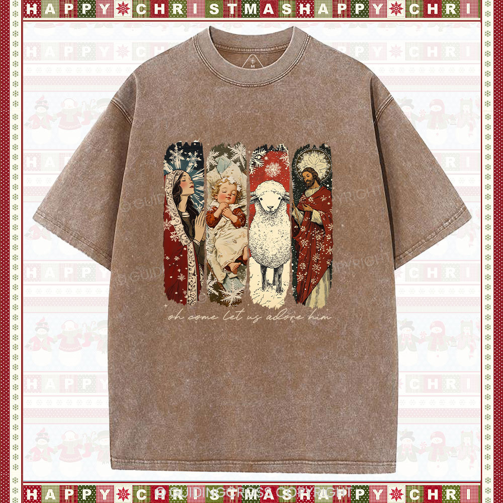 Oh Let Us Adore Him Christian Christmas Washed T-Shirt