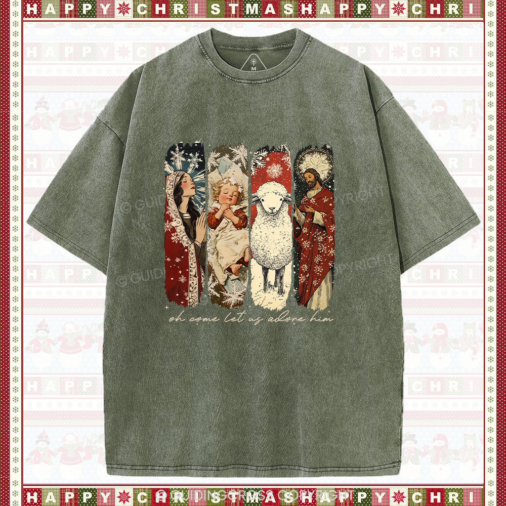 Oh Let Us Adore Him Christian Christmas Washed T-Shirt