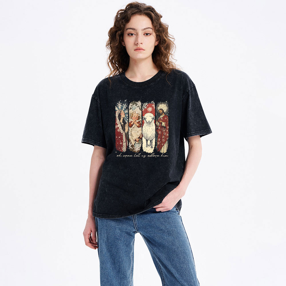Oh Let Us Adore Him Christian Christmas Washed T-Shirt