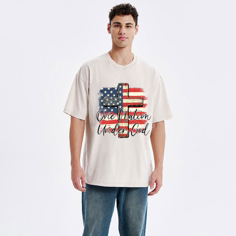 On Nation Under God Independence Day Christian Washed T-Shirt