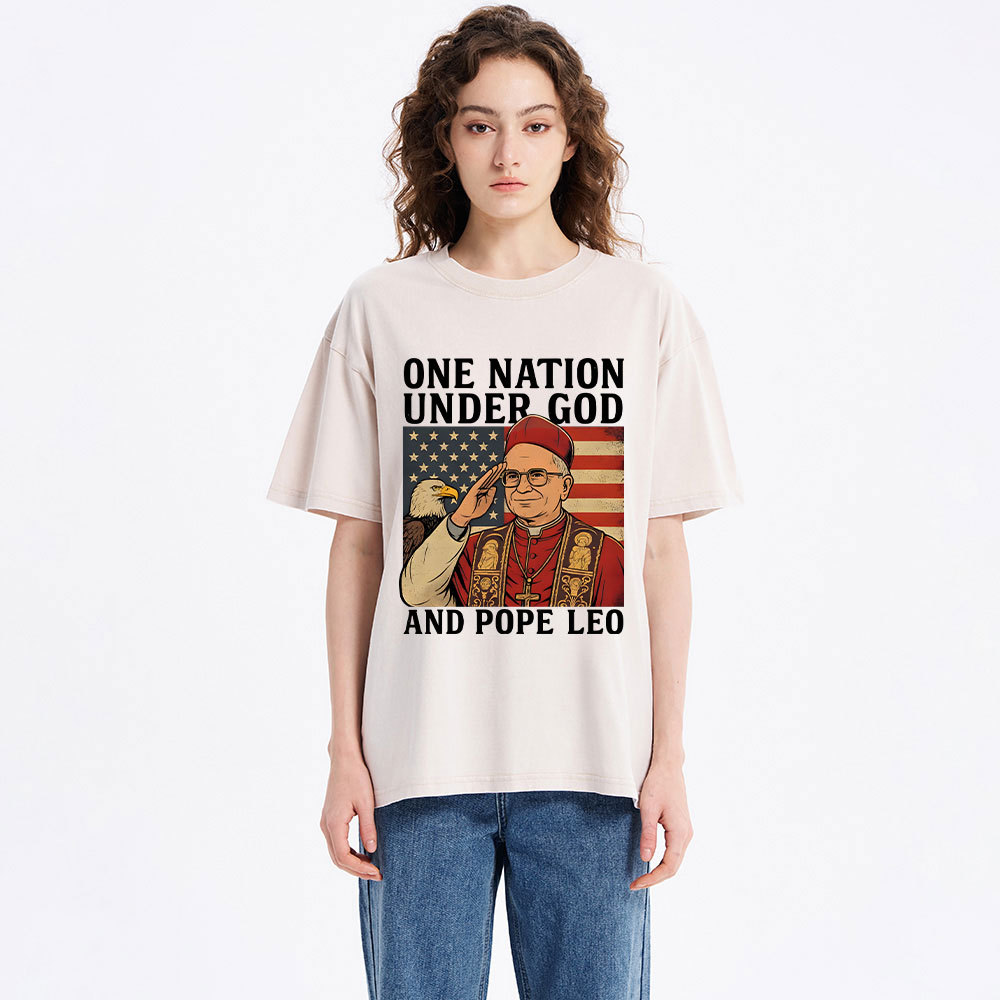 One Nation Under God And Pope Leo Christian Independence Day Washed T-Shirt