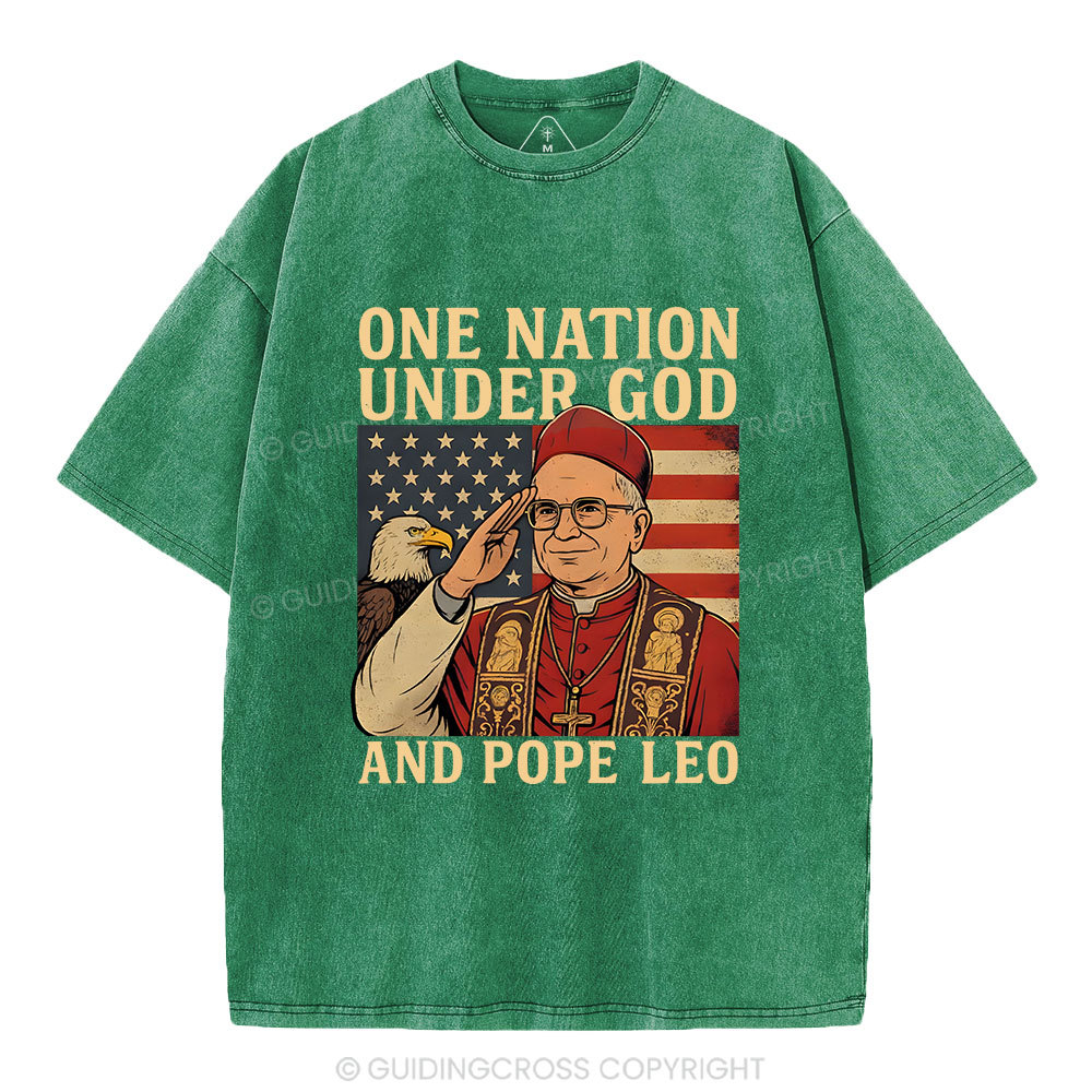 One Nation Under God And Pope Leo Christian Independence Day Washed T-Shirt
