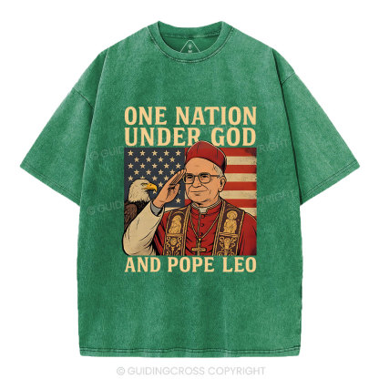One Nation Under God And Pope Leo Christian Independence Day Washed T-Shirt
