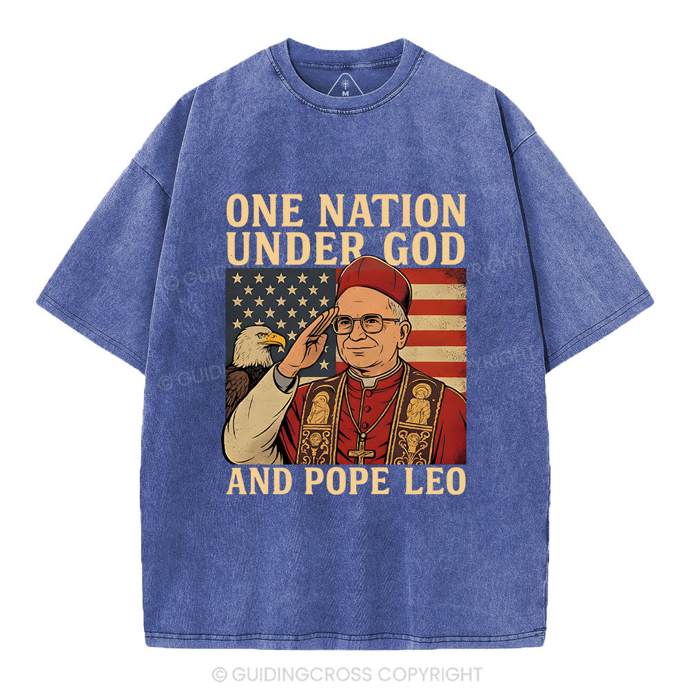 One Nation Under God And Pope Leo Christian Independence Day Washed T-Shirt