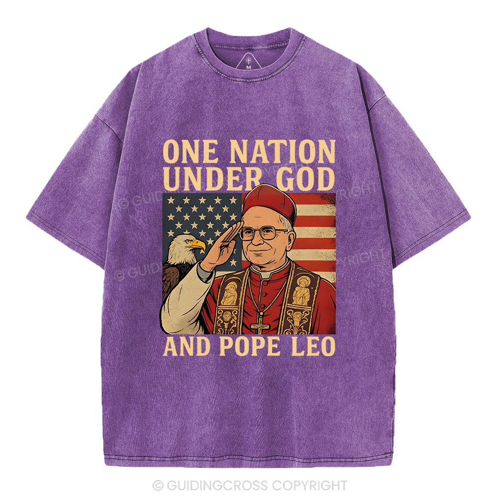 One Nation Under God And Pope Leo Christian Independence Day Washed T-Shirt