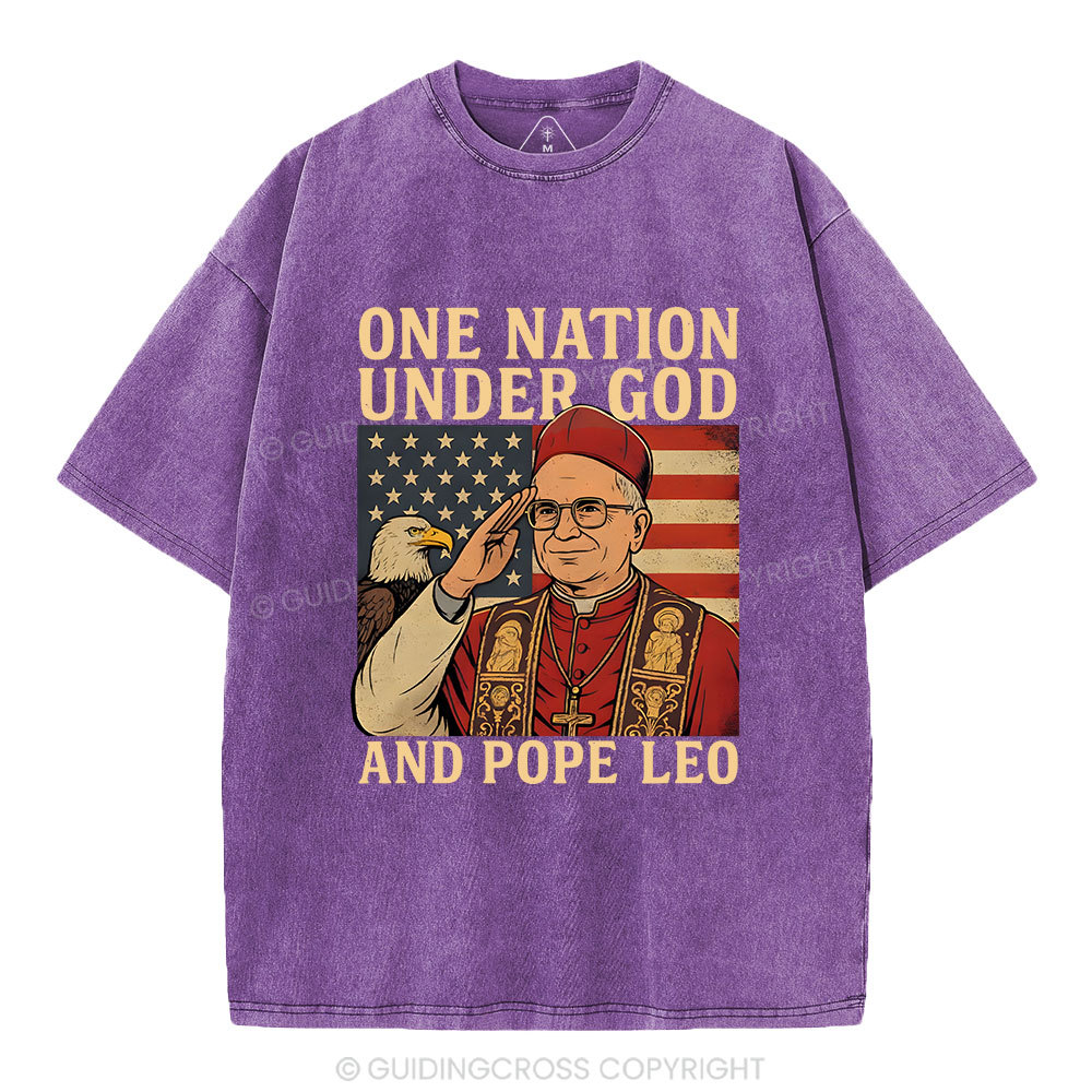 One Nation Under God And Pope Leo Christian Independence Day Washed T-Shirt