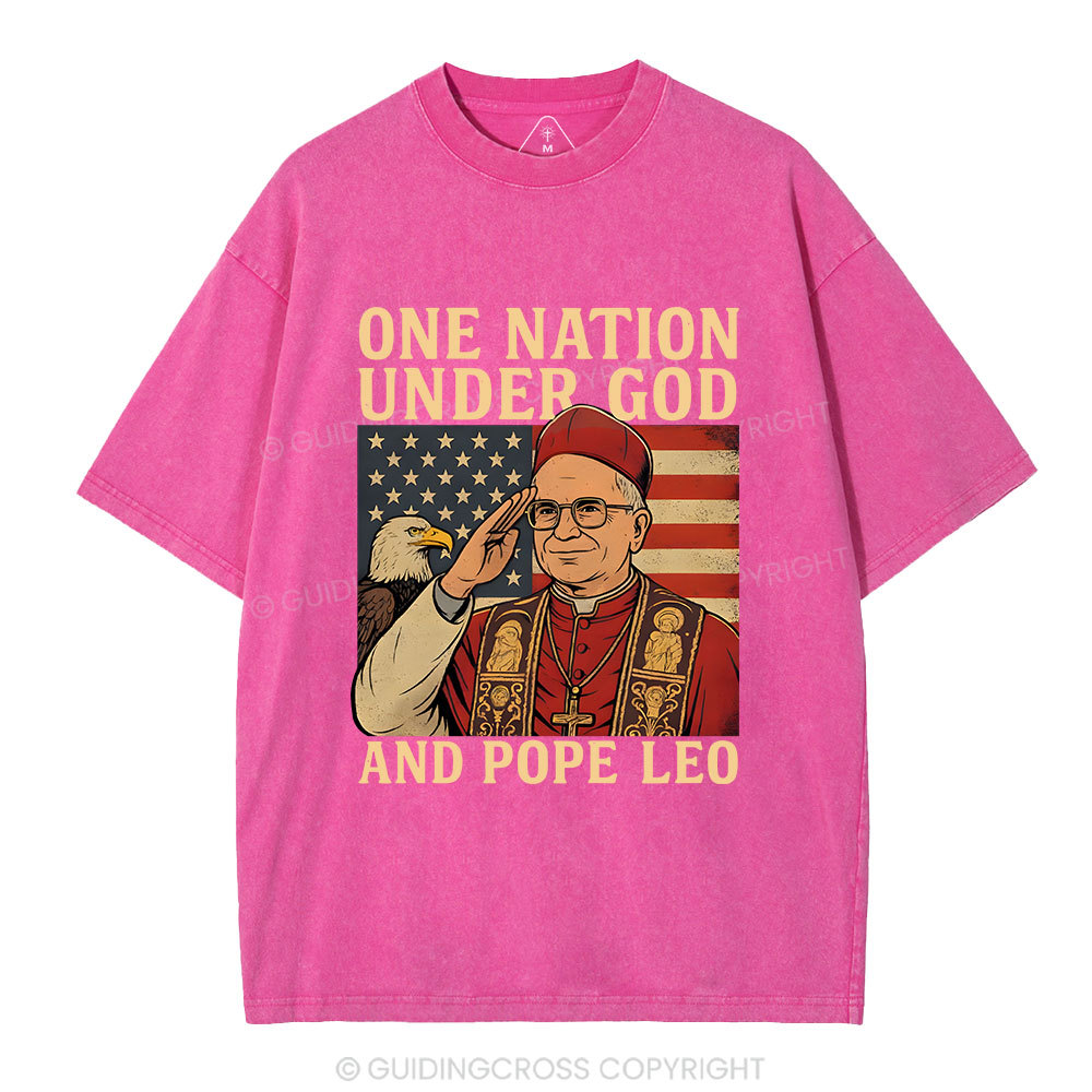 One Nation Under God And Pope Leo Christian Independence Day Washed T-Shirt