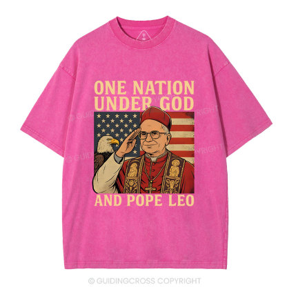 One Nation Under God And Pope Leo Christian Independence Day Washed T-Shirt