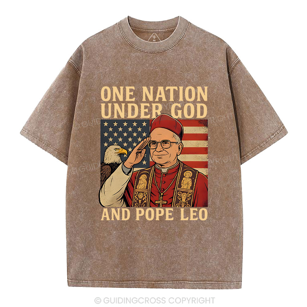 One Nation Under God And Pope Leo Christian Independence Day Washed T-Shirt