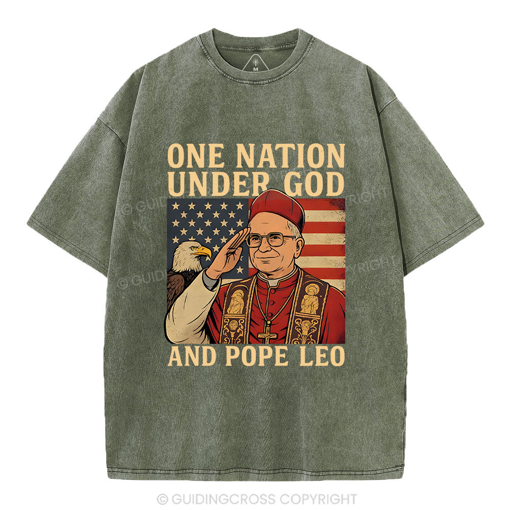 One Nation Under God And Pope Leo Christian Independence Day Washed T-Shirt