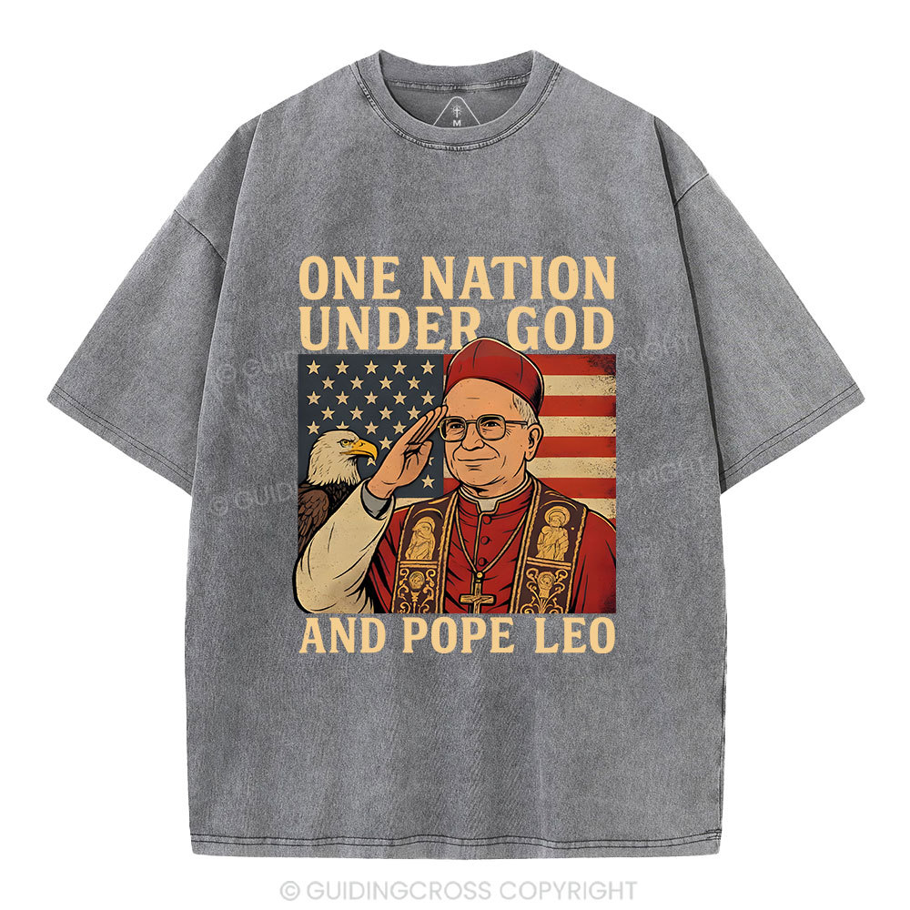 One Nation Under God And Pope Leo Christian Independence Day Washed T-Shirt