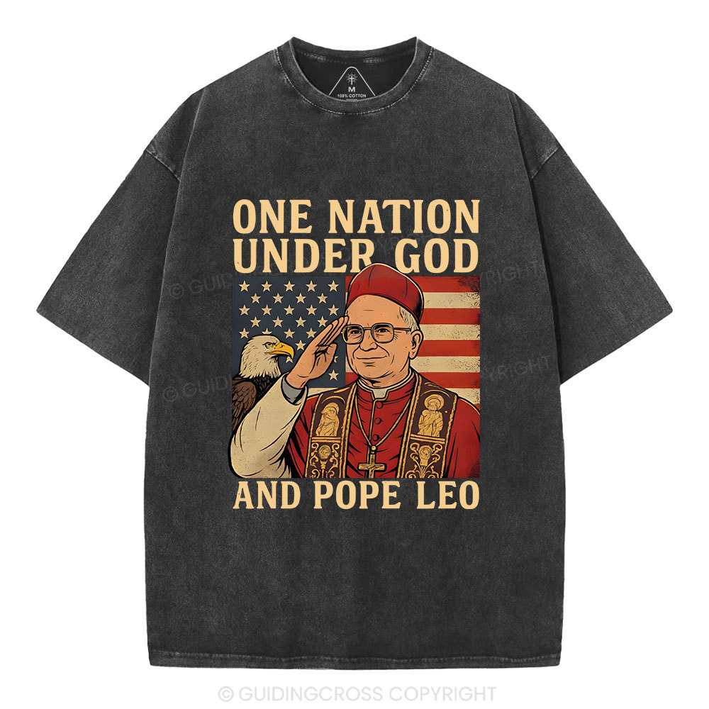 One Nation Under God And Pope Leo Christian Independence Day Washed T-Shirt Sale - GuidingCross
