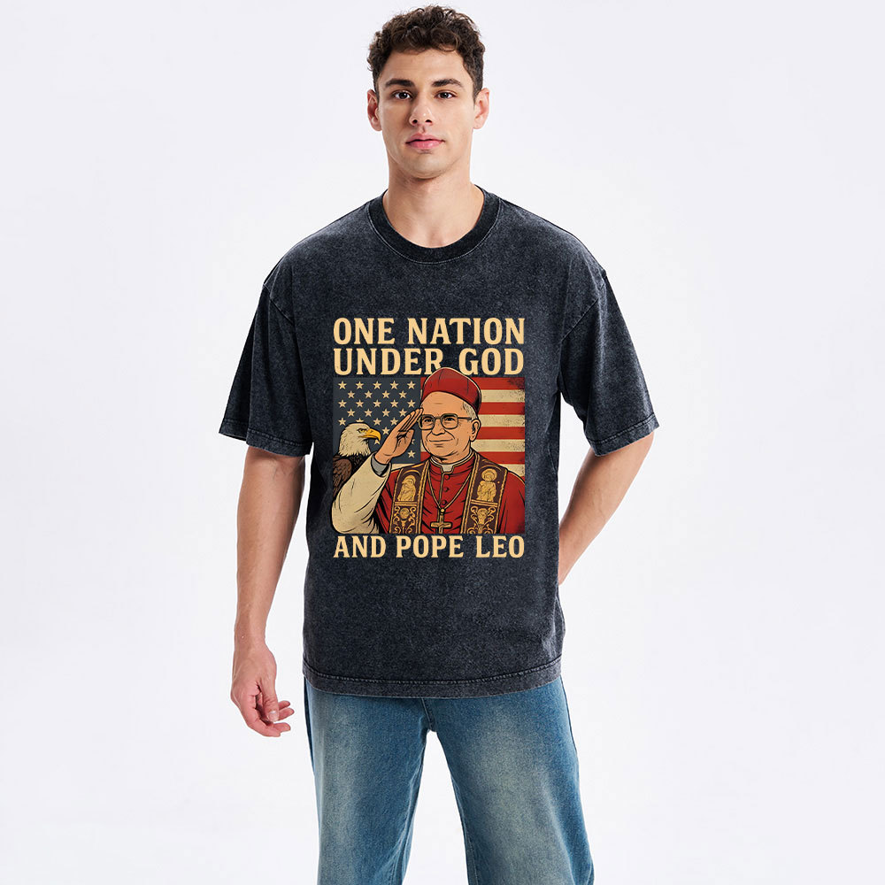 One Nation Under God And Pope Leo Christian Independence Day Washed T-Shirt