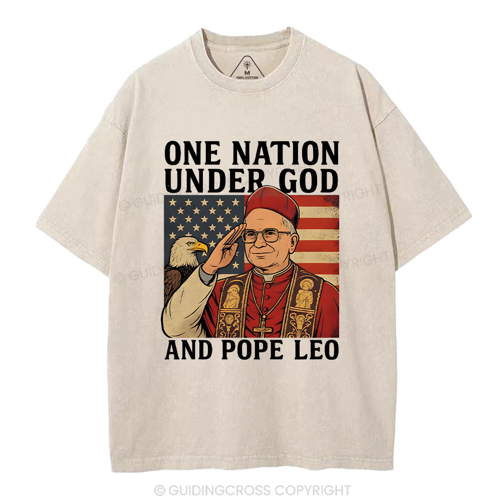 One Nation Under God And Pope Leo Christian Independence Day Washed T-Shirt