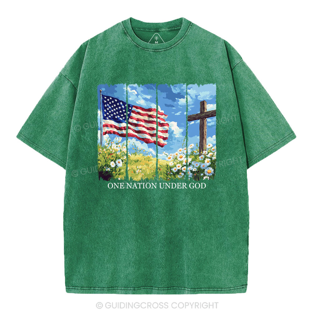 One Nation Under God Cross Christian Washed T-Shirt